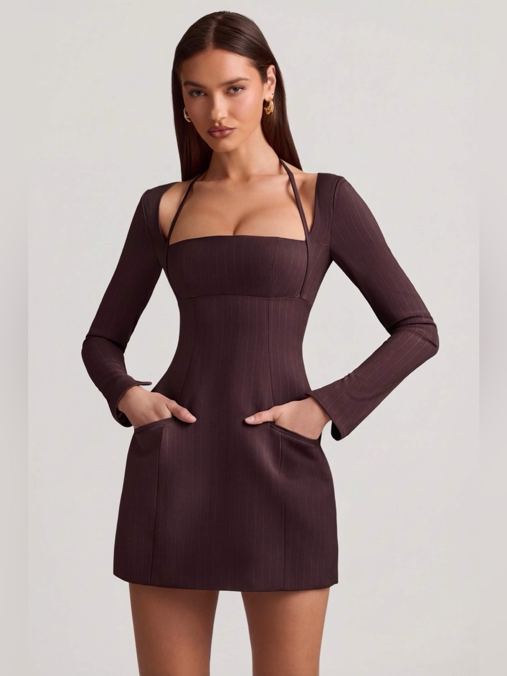 Oh Polly Ksenia Chocolate Brown Pinstripe A-Line Mini Dress UK 8 - Picture 5 of 11
